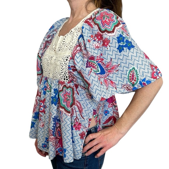 ZARA Woman | CROCHET DETAIL SHIRT Multicolor w/Long Slit Bohemian Lightweight M - Picture 5 of 15